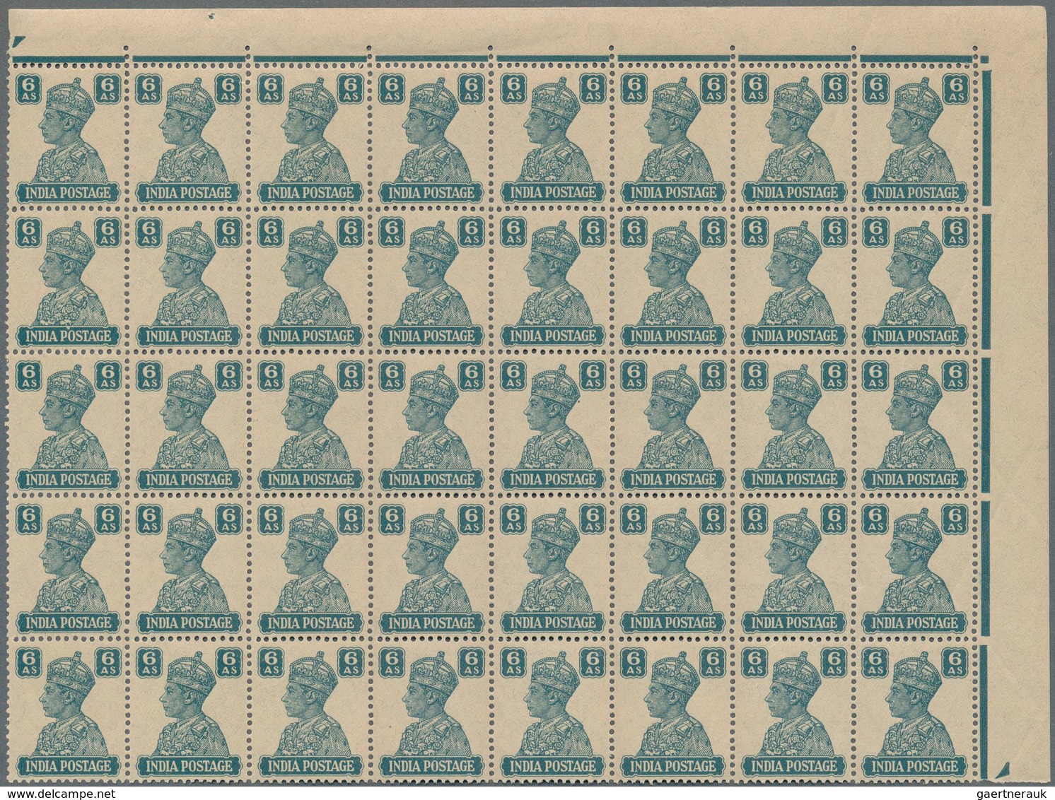 Indien: 1940-41, KGVI. 4a., 6a., 8a. and 12a. each as marginal block of 40, the 6a., 8a. and 12a. as