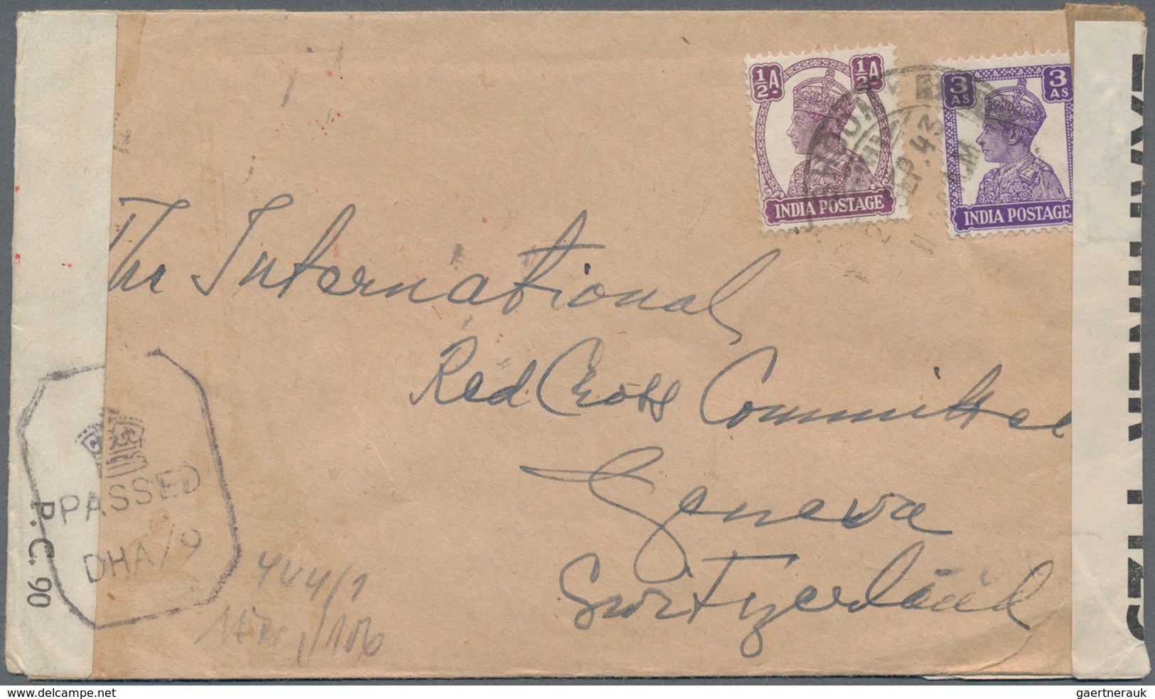 Indien: 1943, ½A And 3As September 1943 On Triple Censored Cover To The International Red Cross, Gen - Other & Unclassified