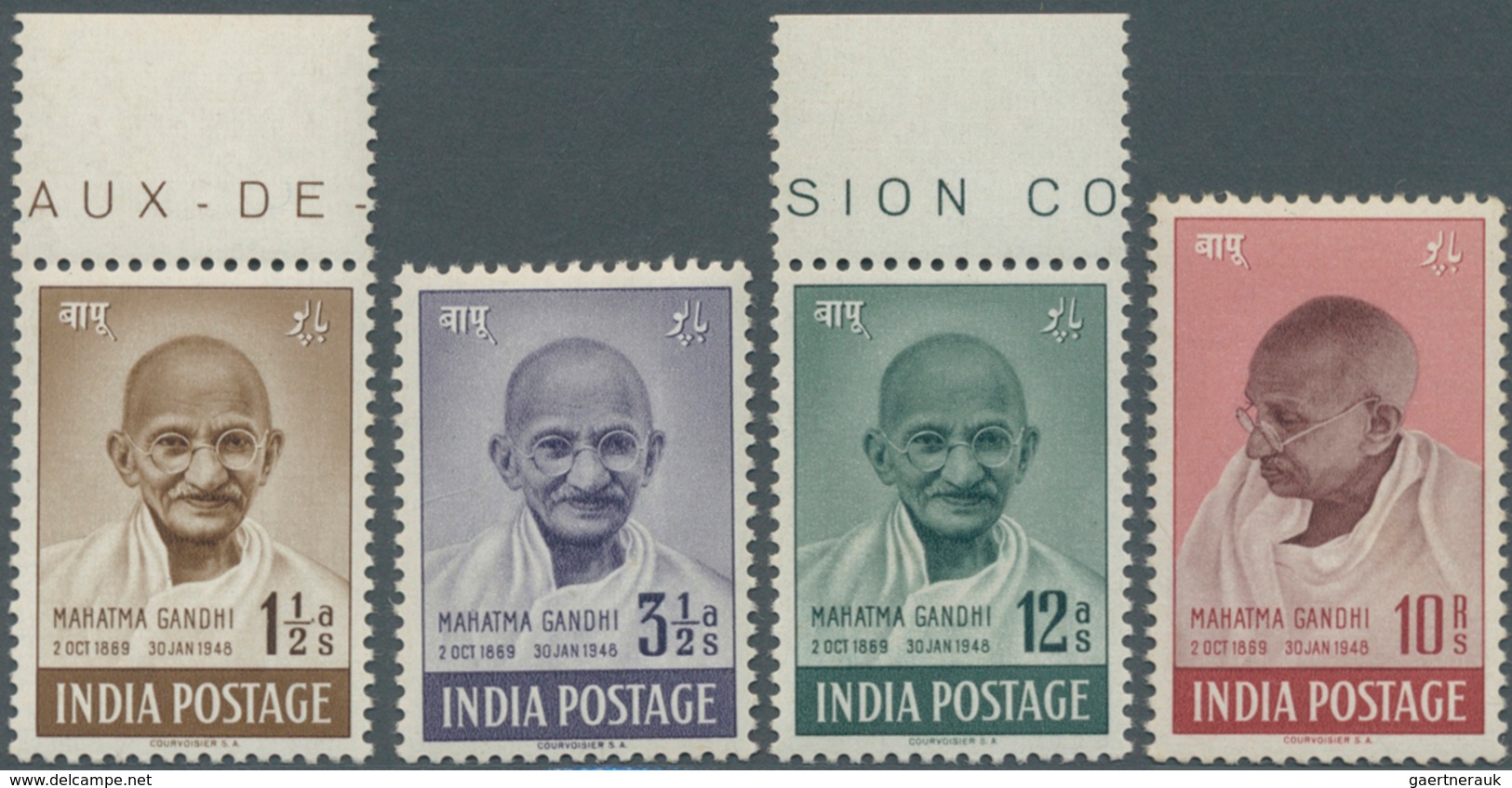 Indien: 1948 GANDHI Complete Set, Mint Never Hinged, 1½a. And 12a. Top Marginal, Two Very Small Stai - Other & Unclassified