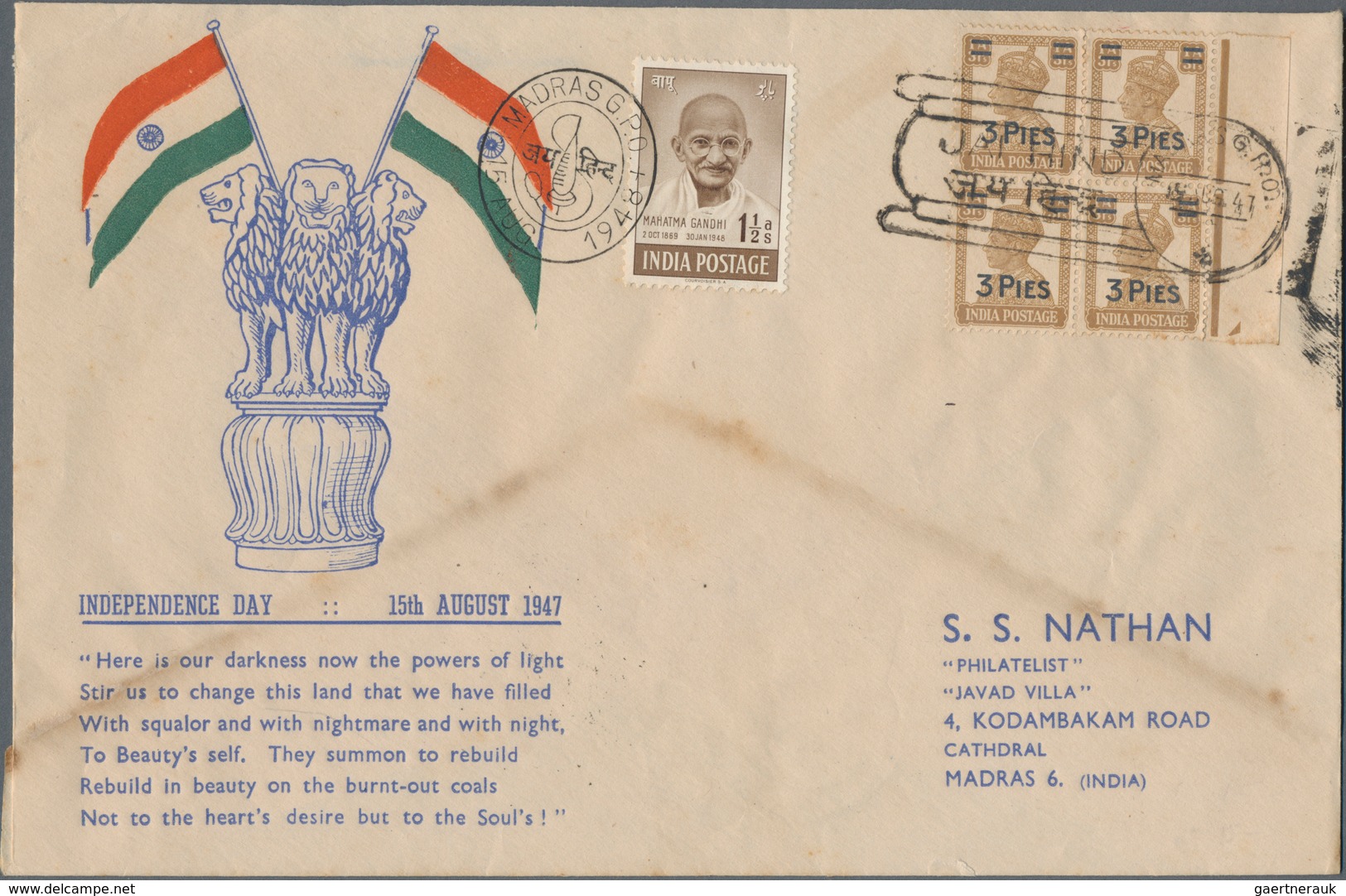 Indien: 1948 GANDHI 1½a. Brown Used On Local Madras FDC (with Indian Flags On Asokan Capital), Also - Andere & Zonder Classificatie