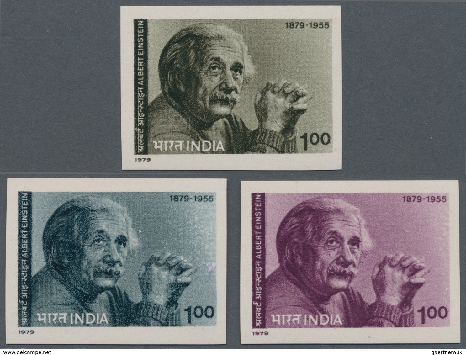 Indien: 1979 'Albert Einstein' 1r., Three Imperforated Colour Proofs In Sepia, Grey-blue And Purple - Other & Unclassified