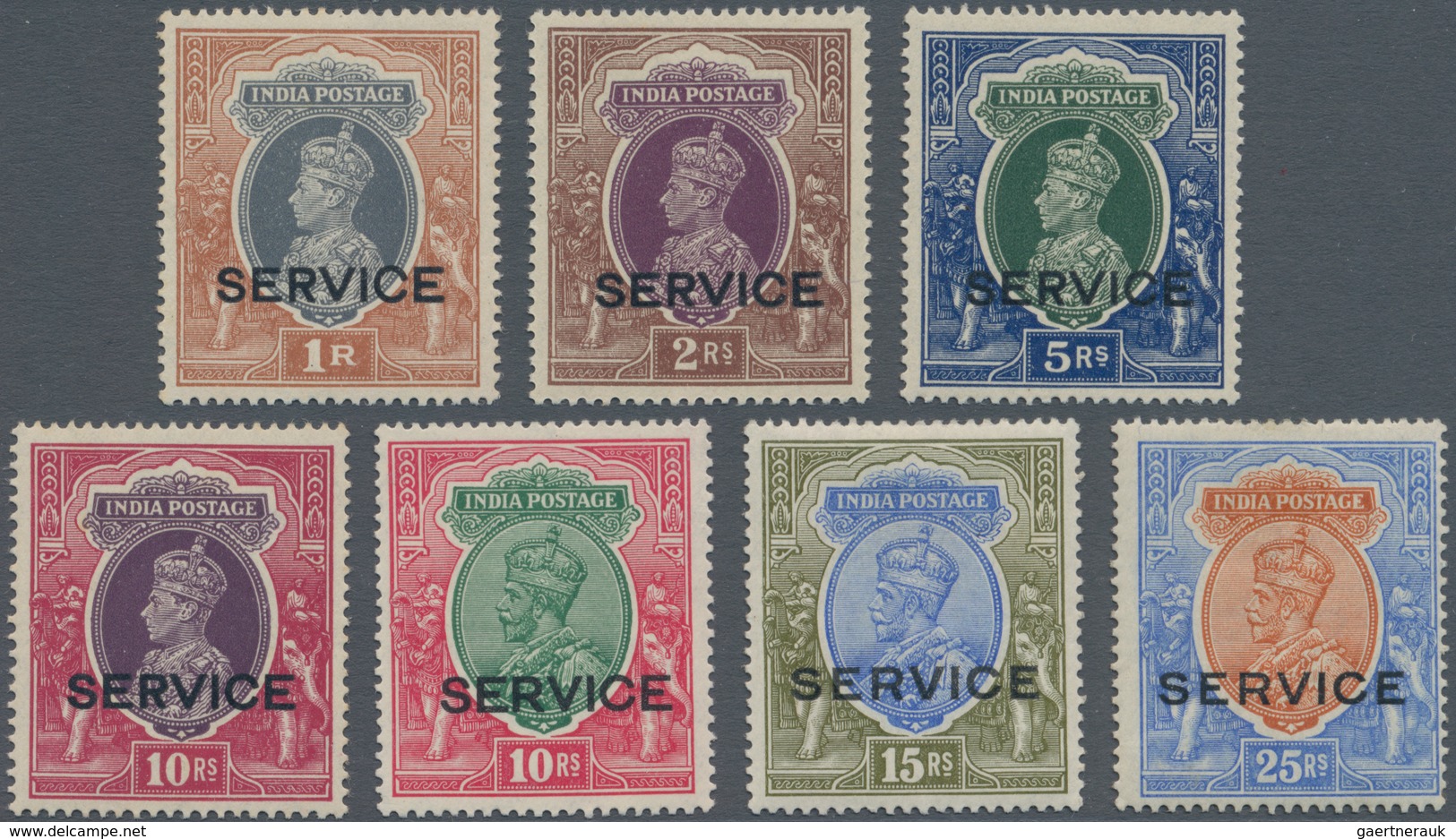 Indien - Dienstmarken: 1913-39 Seven High Values Mint, Surcharged "SERVICE", With 1913 KGV. 15r. And - Timbres De Service