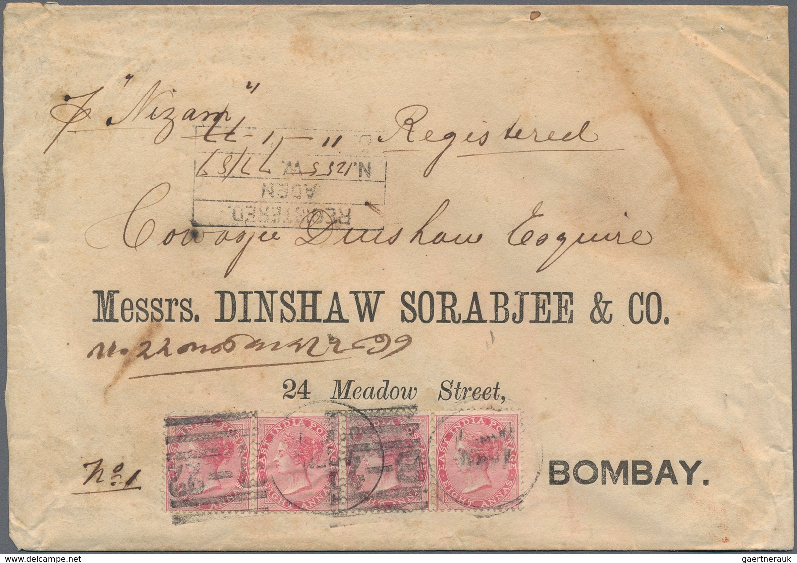 Indien - Used Abroad: ADEN 1877 Registered Cover From Aden To Bombay By S/s "Nizam", Franked By Indi - Andere & Zonder Classificatie