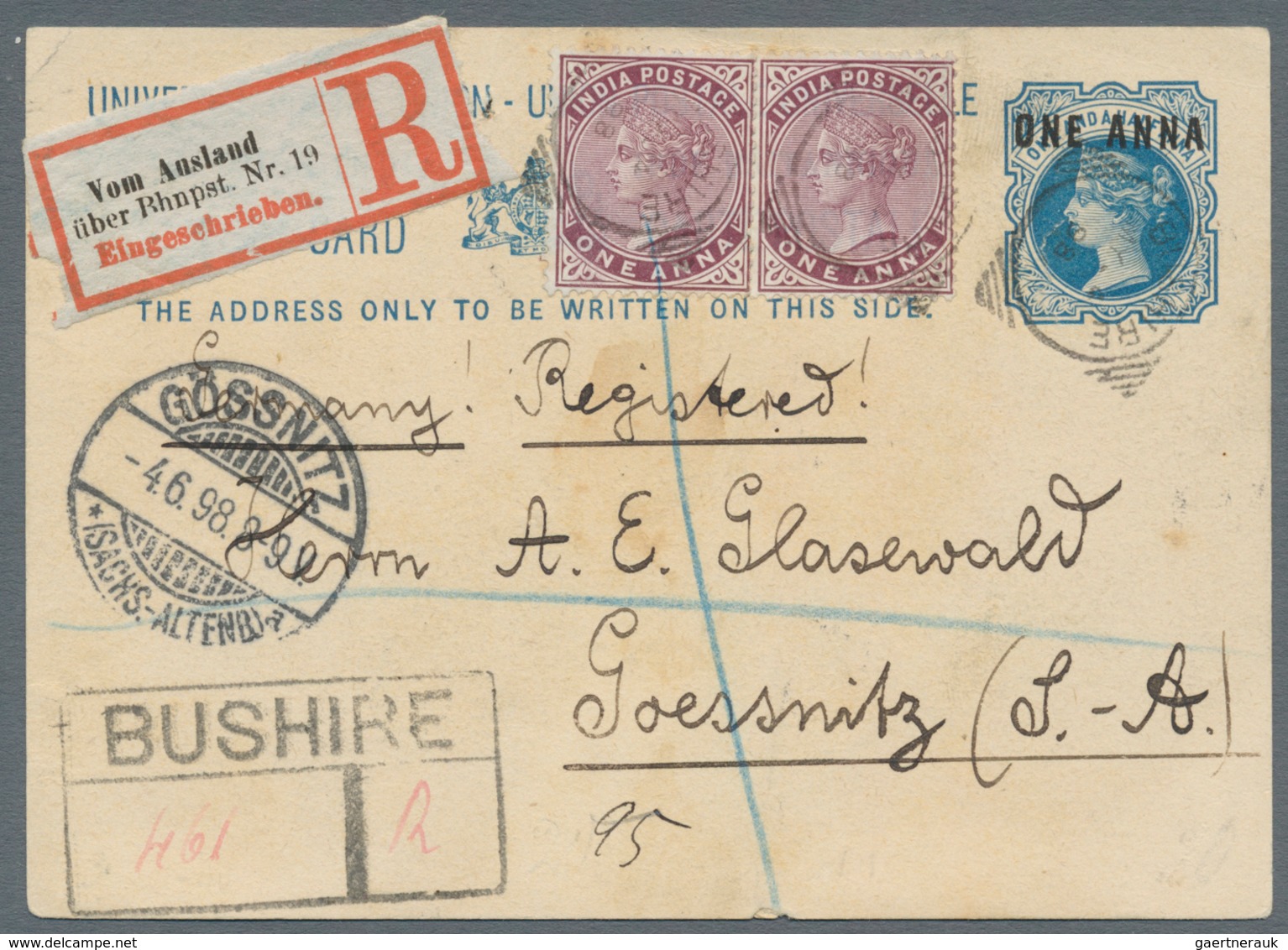 Indien - Used Abroad: PERSIA-BUSHIRE 1898: Indian Postal Stationery Card QV 1a On 1½a. Blue Used REG - Andere & Zonder Classificatie