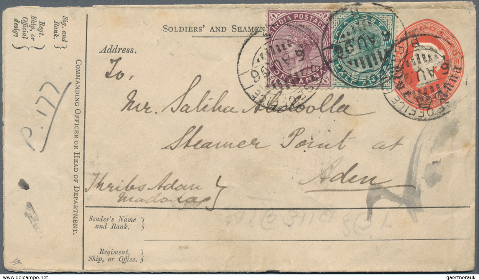 Indien - Feldpost: 1896, ONE Anna On 9 P 'Soldiers' & Seamen's Envelope', Uprated With 1/2 A Blue-gr - Franchigia Militare