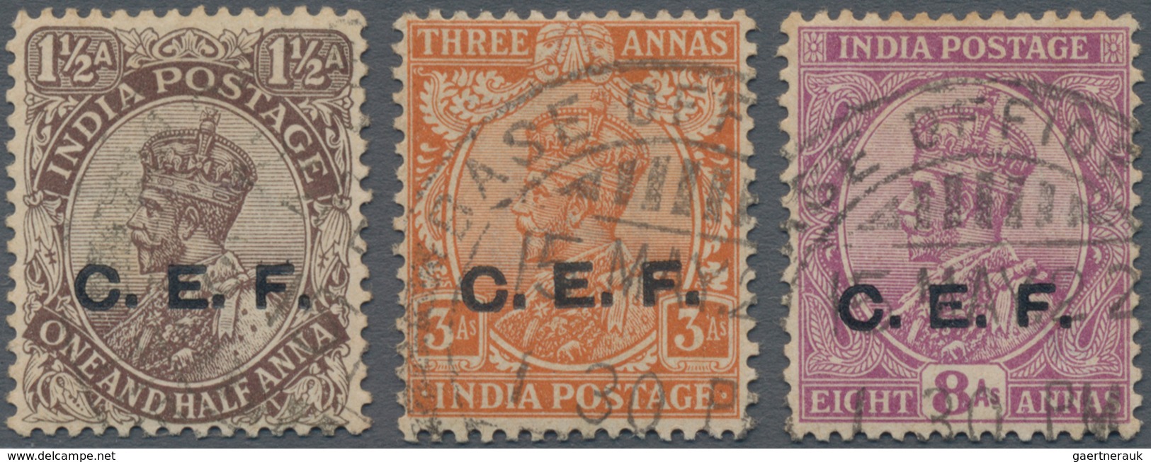 Indien - Feldpost: 1914-22 Chinese Exped. Force C.E.F.: Three KGV. Stamps Denom. 1a3p., 3a. And 8a. - Militaire Vrijstelling Van Portkosten