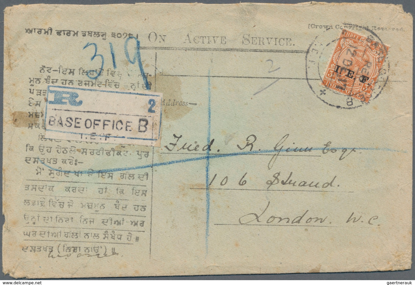 Indien - Feldpost: 1917 Registered Cover From Indian Base Office B In Dar-es-Salam, Tanganyika To Lo - Franchigia Militare