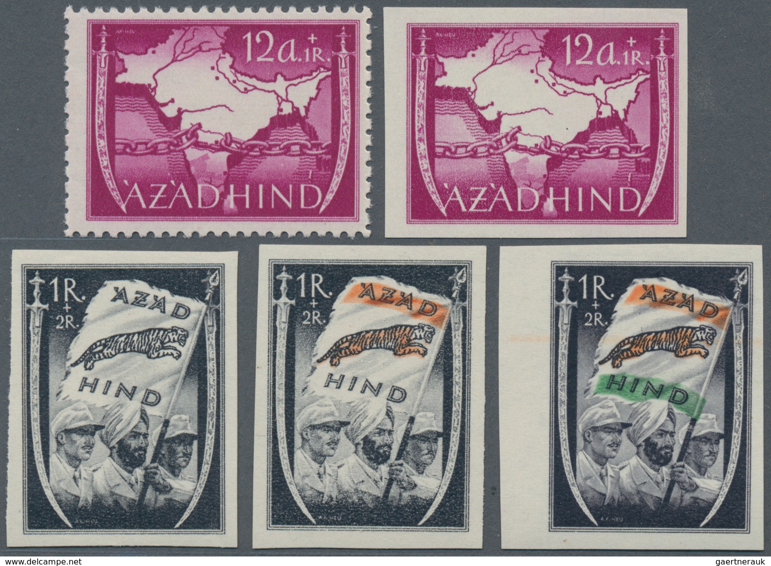 Indien - Feldpost: 1943 AZAD HIND: Complete Sets Both Perf And Imperf, Including All Three Rupee Val - Militaire Vrijstelling Van Portkosten