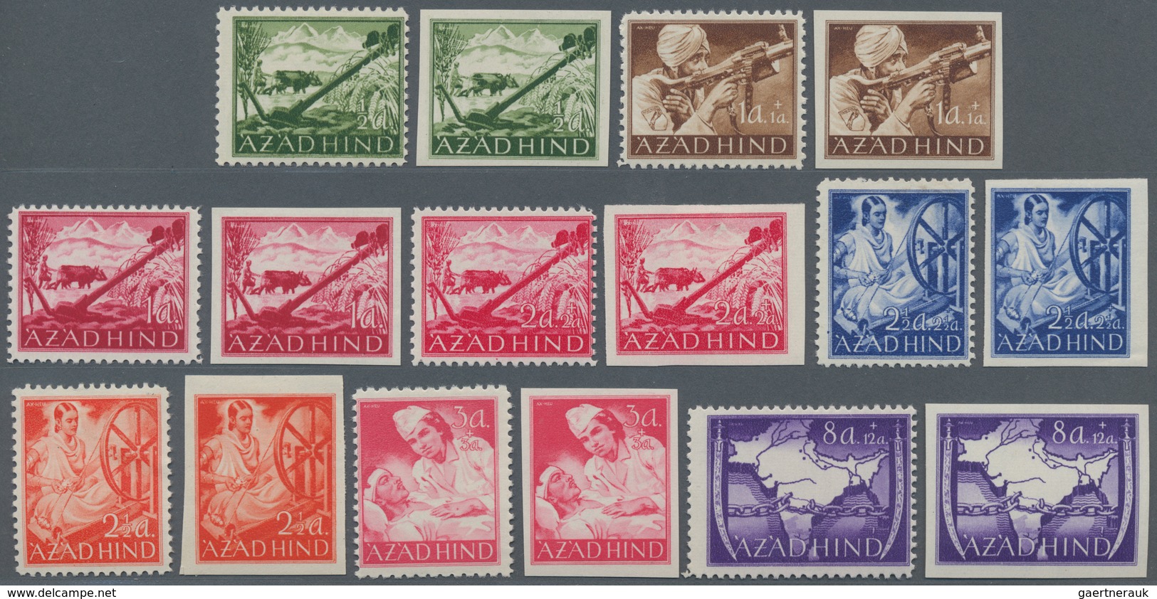 Indien - Feldpost: 1943 AZAD HIND: Complete Sets Both Perf And Imperf, Including All Three Rupee Val - Militaire Vrijstelling Van Portkosten