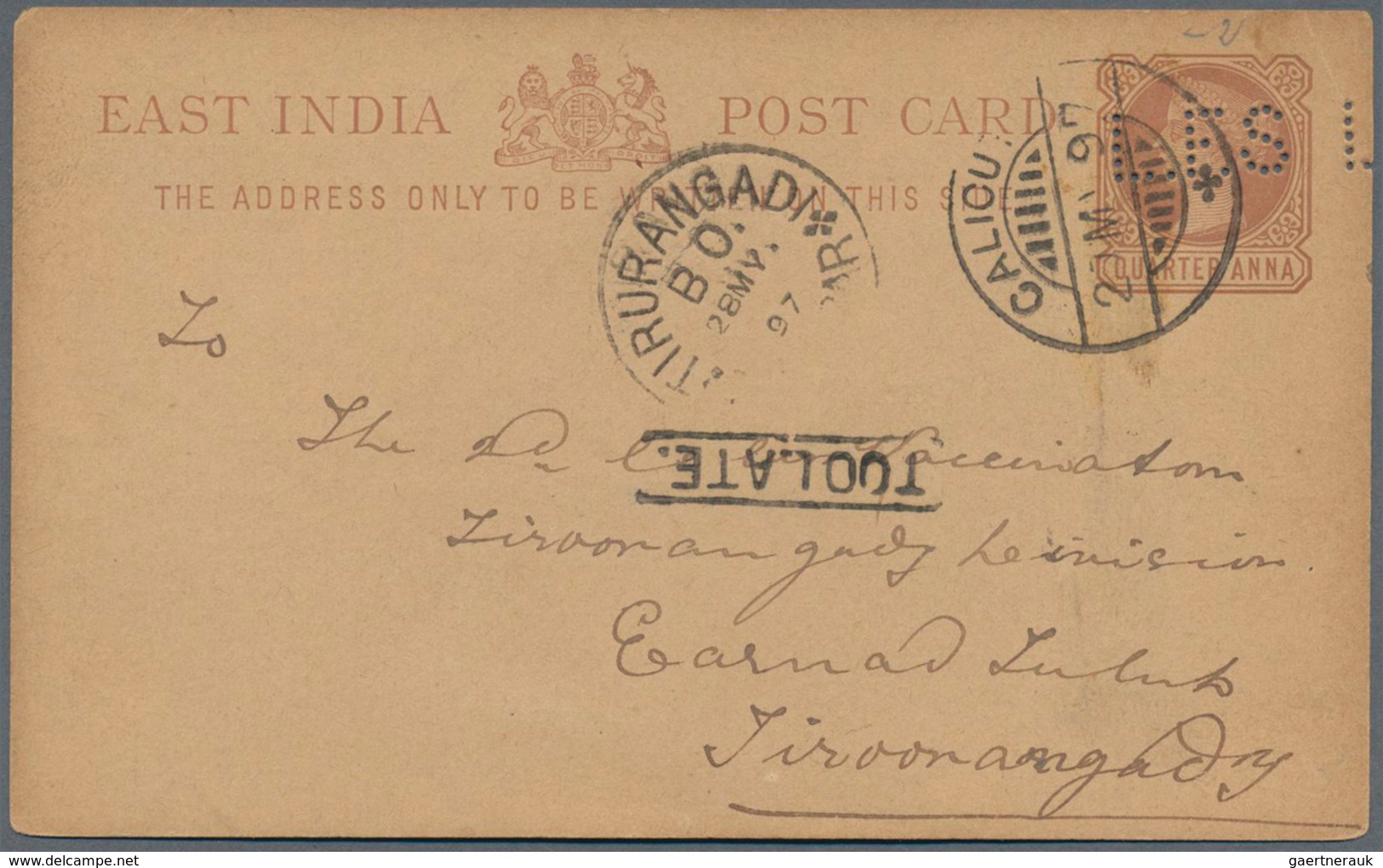 Indien - Ganzsachen: 1890 Postal Stationery Card ½a. Brown With PERFIN "L.F.S", Used From Calcutta T - Zonder Classificatie