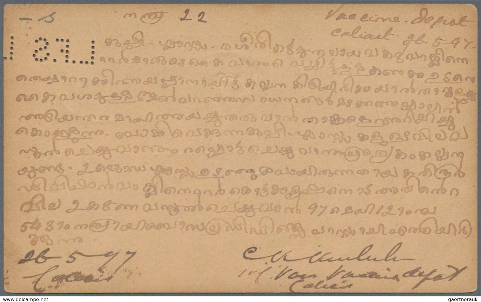 Indien - Ganzsachen: 1890 Postal Stationery Card ½a. Brown With PERFIN "L.F.S", Used From Calcutta T - Zonder Classificatie