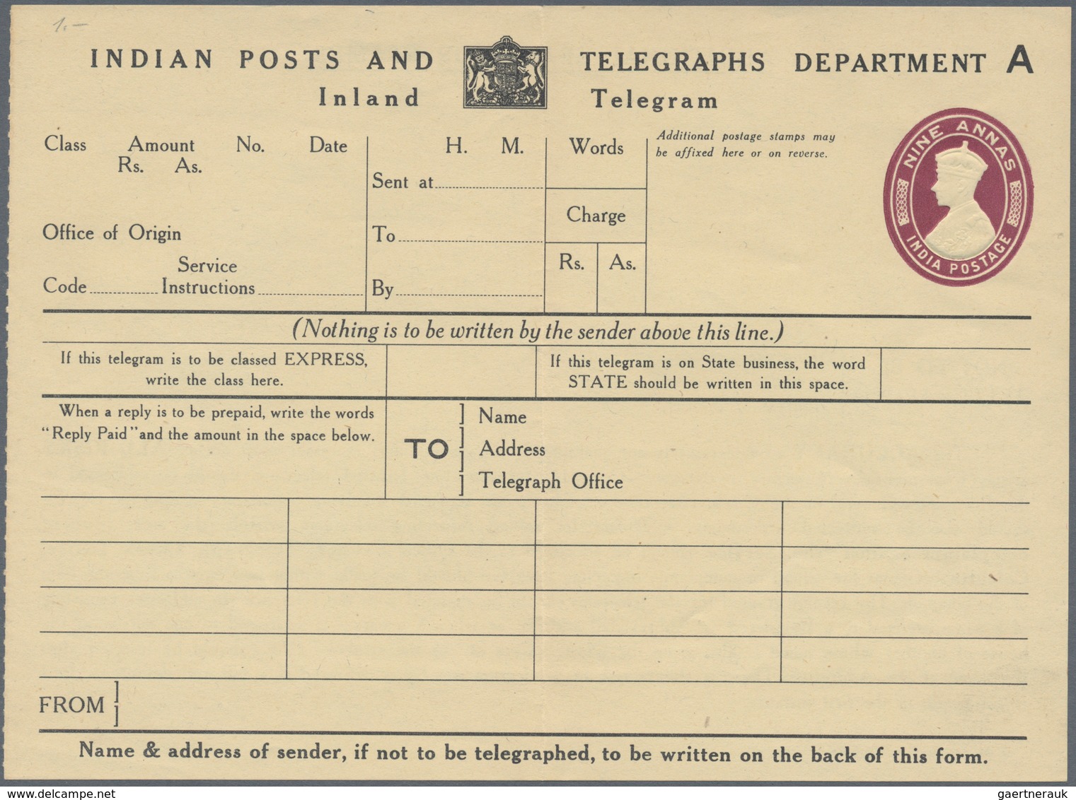 Indien - Ganzsachen: 1940's: Inland Telegram 9a. KGVI., Unused, With A Light Central Fold Otherwise - Ohne Zuordnung