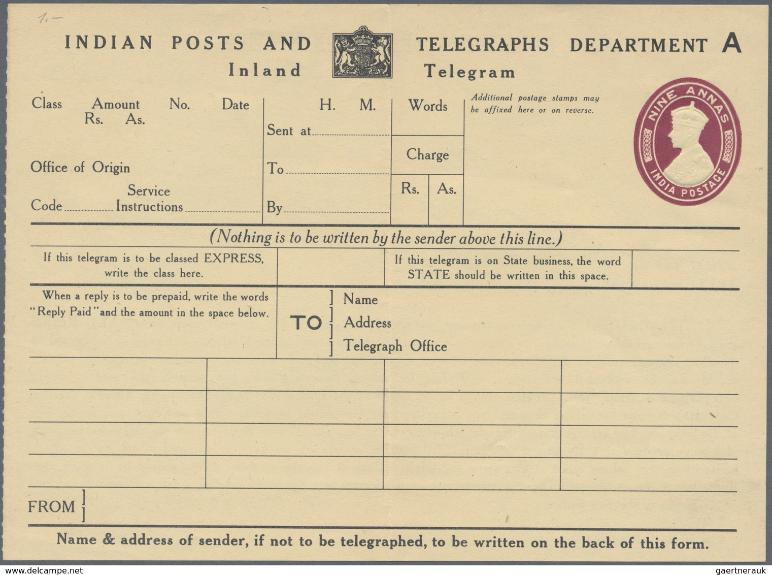 Indien - Ganzsachen: 1940's: Inland Telegram 9a. KGVI., Unused, With A Light Central Fold Otherwise - Unclassified