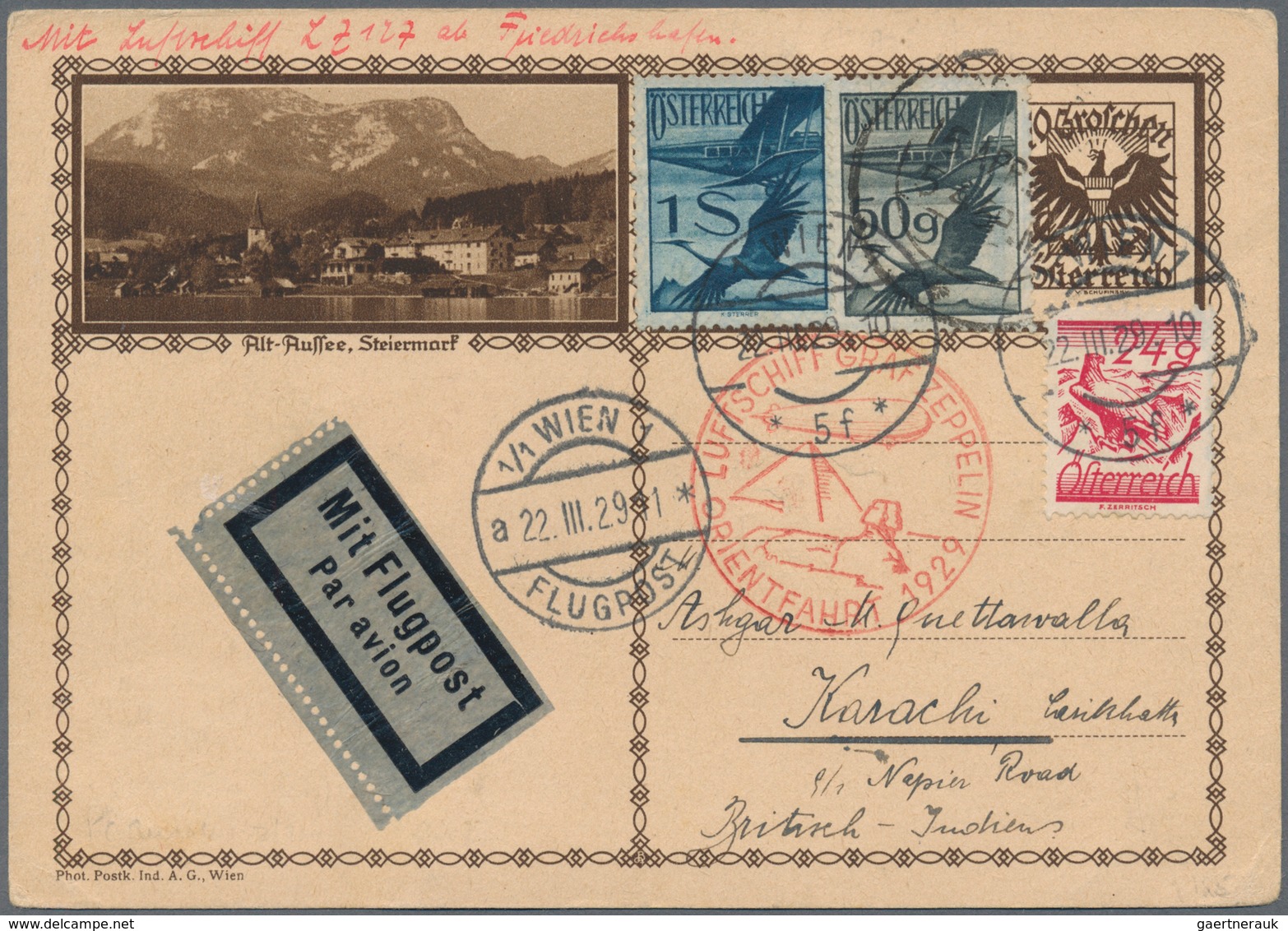 Indien - Flugpost: 1929 ZEPPELIN Orient Flight: Austrian Postal Stationery Card, Uprated 1s.74g., Us - Luchtpost