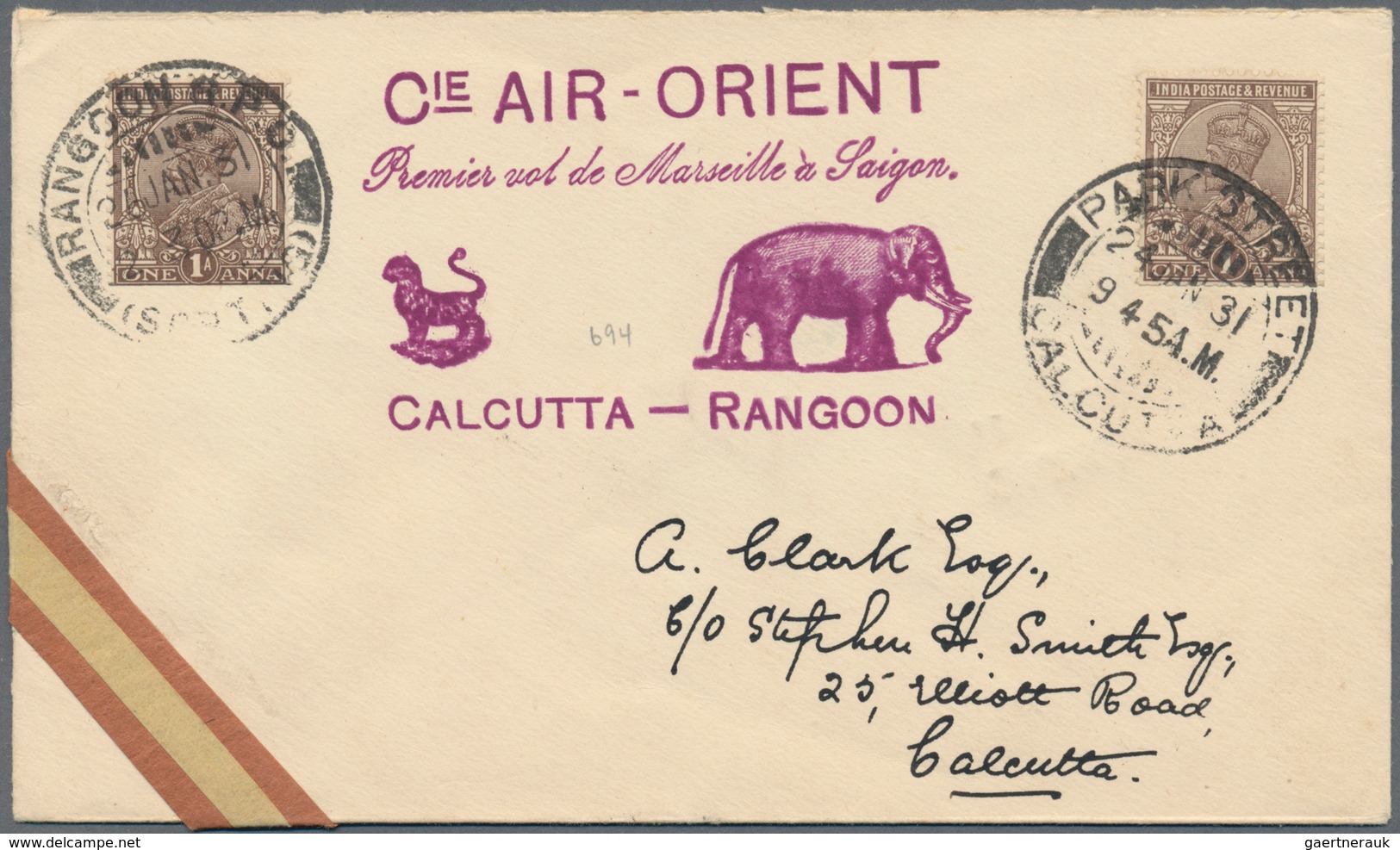 Indien - Flugpost: 1931 Air Orient Marseilles-Saigon First Flight: Illustrated Lion & Elephant Envel - Luftpost