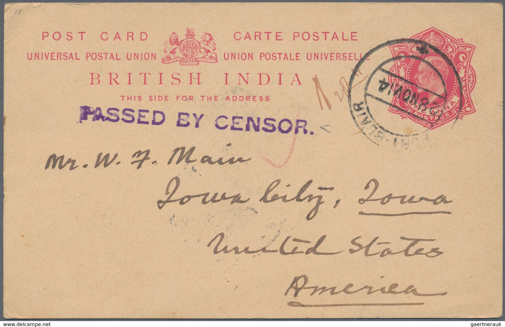 Indien - Besonderheiten: 1914, "PORT BLAIR 28 NOV 14" On Card KEVII 1 A. Red To Iowa City, USA. Viol - Andere & Zonder Classificatie