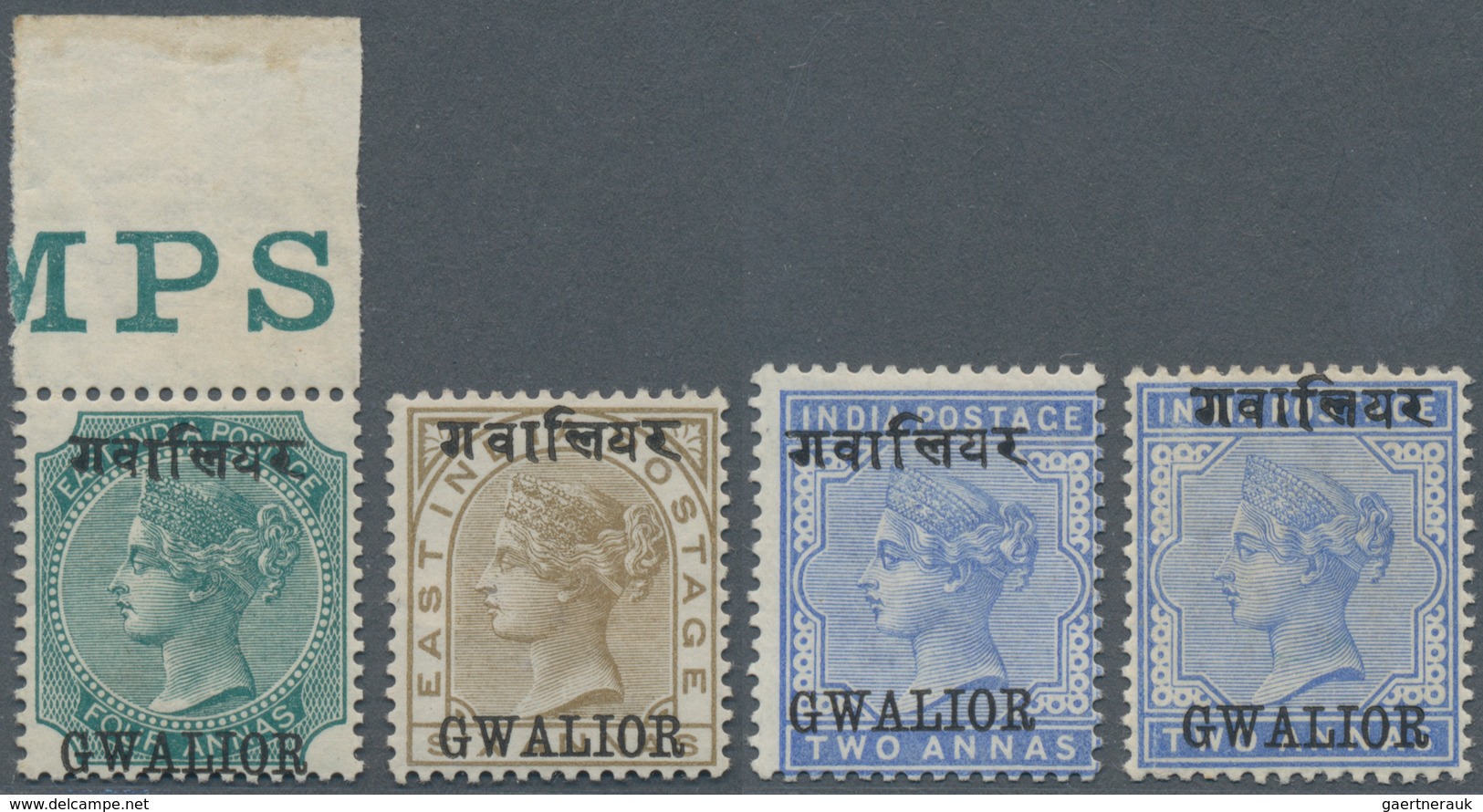 Indien - Konventionalstaaten: GWALIOR 1885: Four Mint Stamps Of First Issues, With 2a. Blue (Space 1 - Sonstige & Ohne Zuordnung