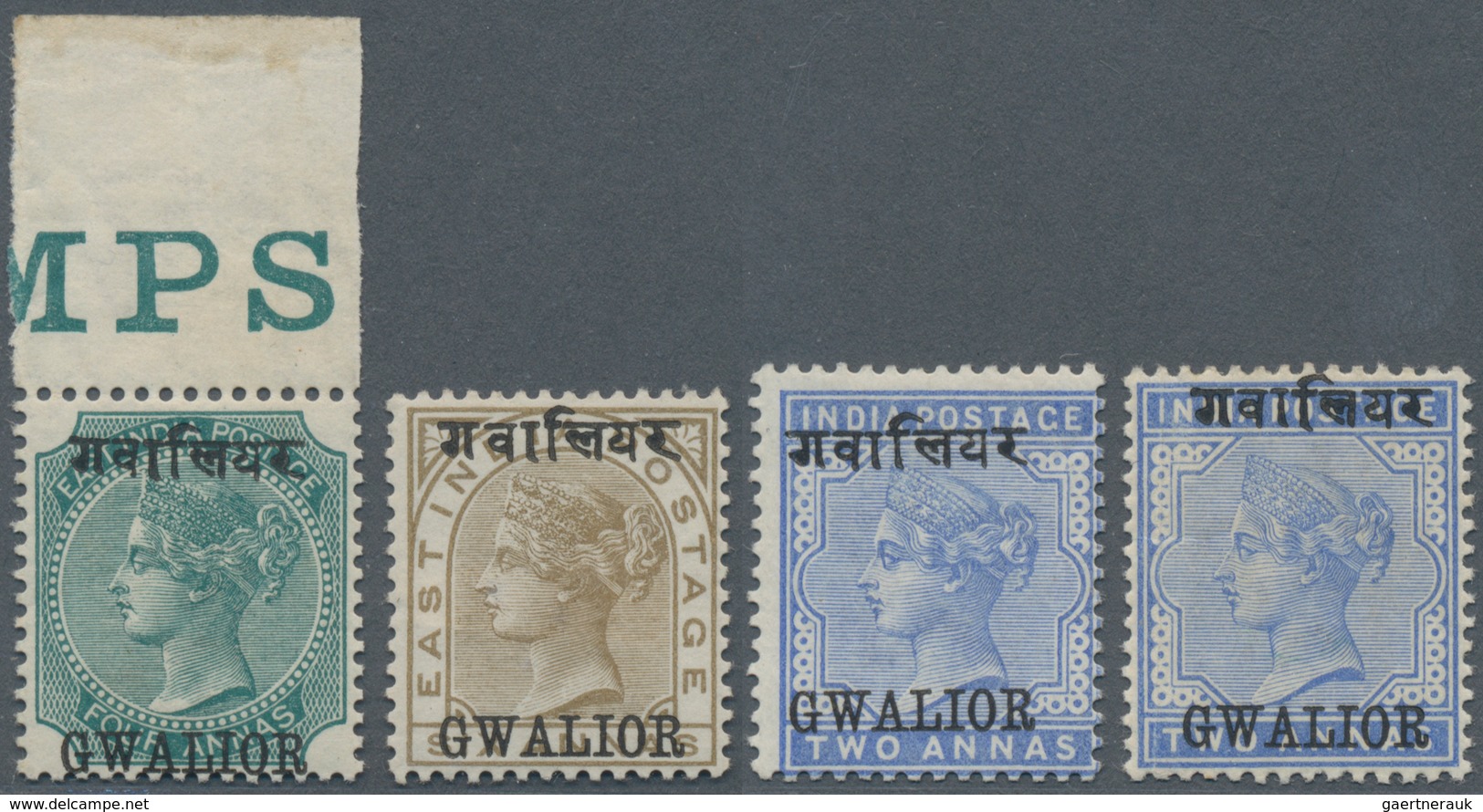 Indien - Konventionalstaaten: GWALIOR 1885: Four Mint Stamps Of First Issues, With 2a. Blue (Space 1 - Other & Unclassified