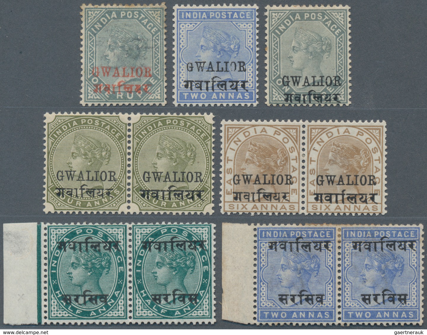 Indien - Konventionalstaaten: GWALIOR 1885-97 VARIETIES: Group Of 11 QV Stamps Showing Varieties, Wi - Altri & Non Classificati