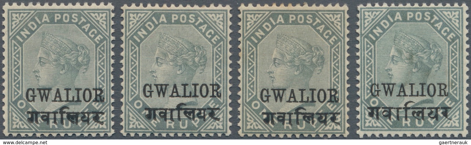 Indien - Konventionalstaaten: GWALIOR 1885-97: QV 1r. Slate With Hindi Ovpt. 14mm Long, Three Single - Sonstige & Ohne Zuordnung