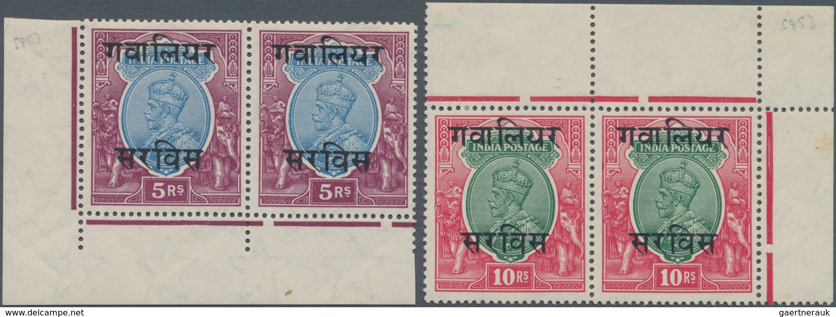 Indien - Konventionalstaaten: GWALIOR-Officials 1932: KGV. 5r. Bottom Left Corner Pair And 10r. Top - Andere & Zonder Classificatie