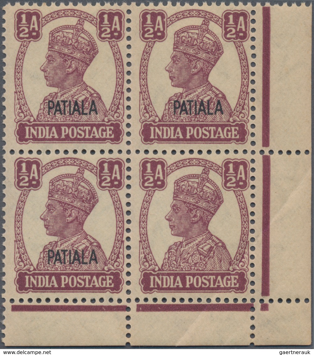 Indien - Konventionalstaaten: PATIALA 1941-46 KGVI. ½a. Purple, Bottom Right Corner Block Of Four, C - Sonstige & Ohne Zuordnung