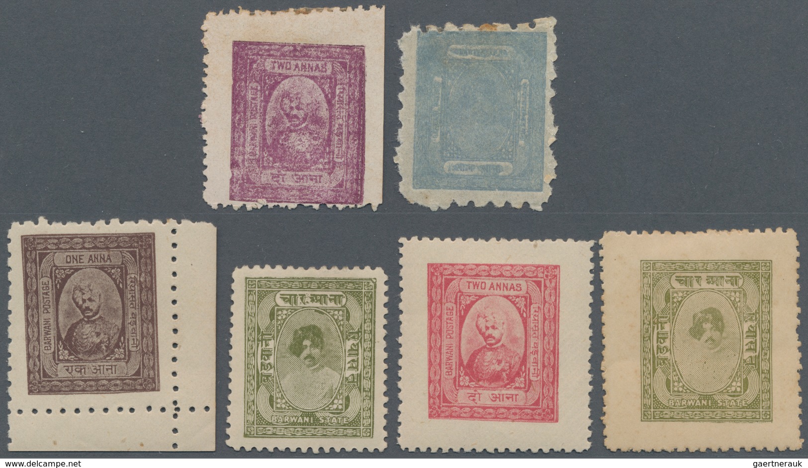 Indien - Feudalstaaten: BARWANI 1922-47, Group Of Six Unused Stamps, With 1922 2a. Purple And 1927 ¼ - Andere & Zonder Classificatie