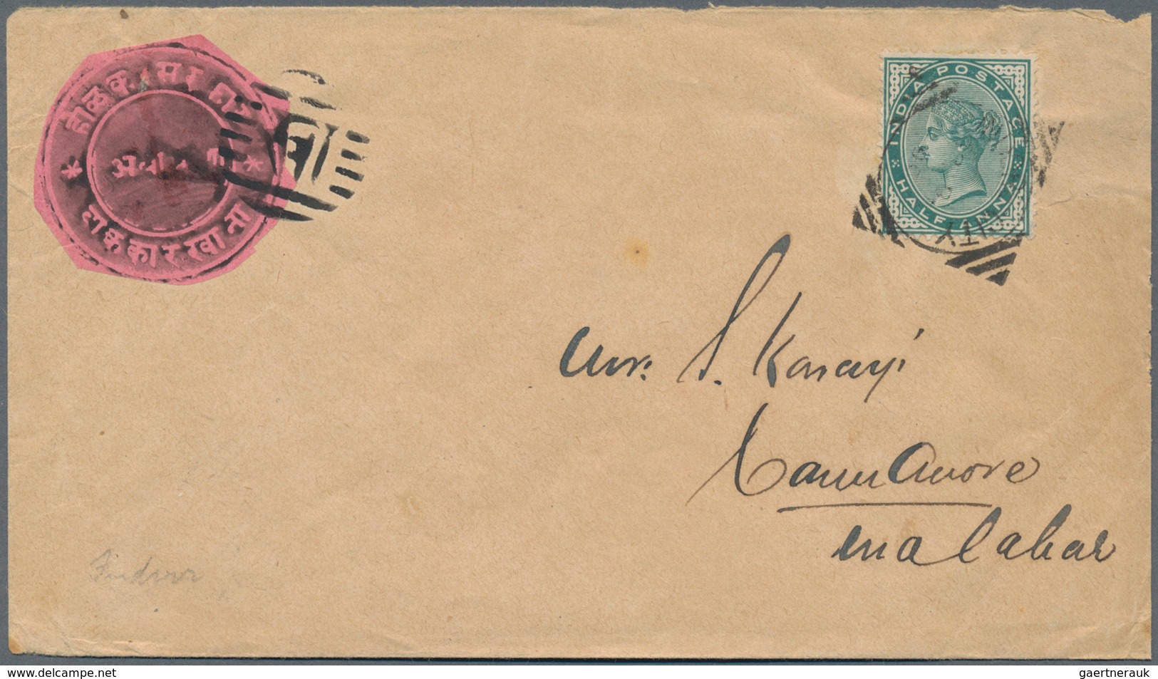 Indien - Feudalstaaten: 1889 Circular ½a. Black On Pink, Type II, Cut-to-shape, Used In Combination - Other & Unclassified