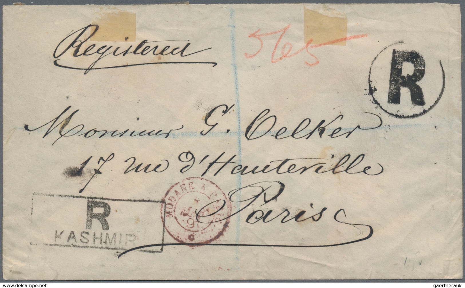 Indien - Feudalstaaten: KASCHMIR: 1890, 1 A Dull-green Mixed Franking With INDIA 1 A Lilac-brown And - Other & Unclassified