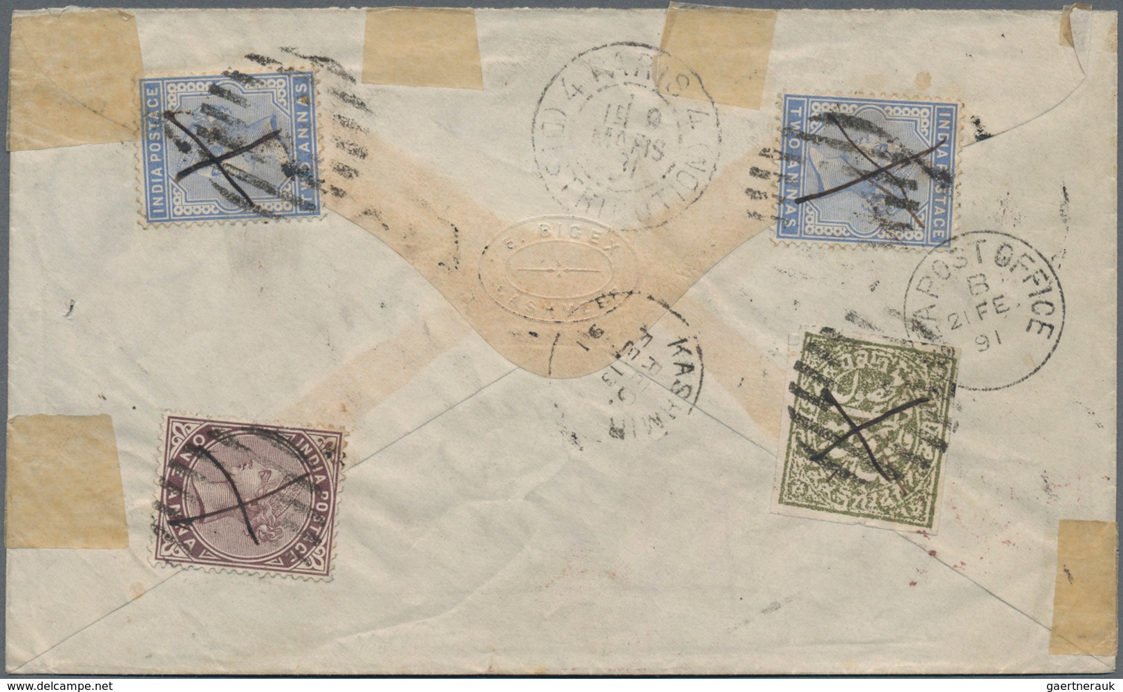 Indien - Feudalstaaten: KASCHMIR: 1890, 1 A Dull-green Mixed Franking With INDIA 1 A Lilac-brown And - Other & Unclassified