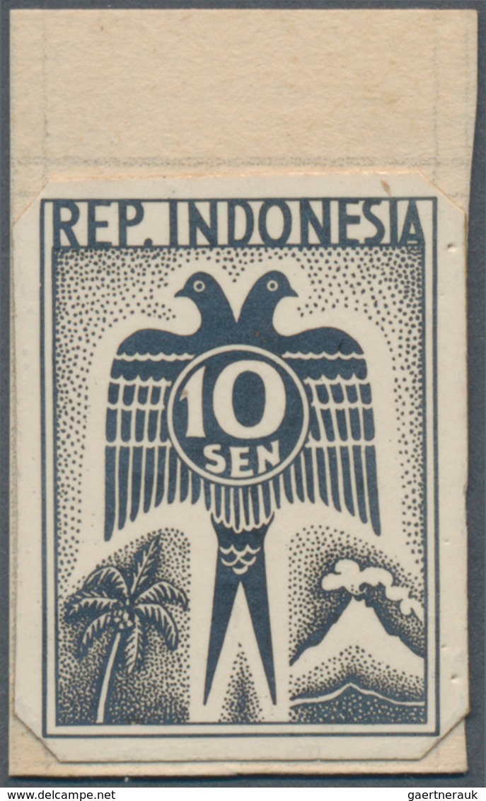 Indonesien - Vorläufer: Java, 1945, 10 Sen Doublehead Bird With Palm And Volcano, In Black On Photop - Indonesia