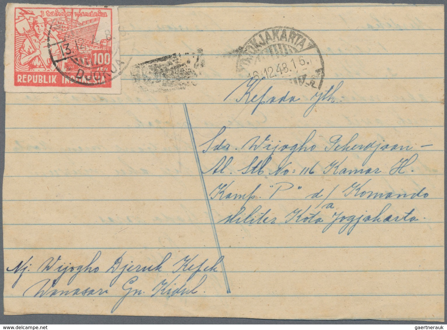 Indonesien - Vorläufer: Java, 1946, 100 S. Red Tied "WA(NASAR) 13.12.48" To Private Card Form To Jog - Indonesien