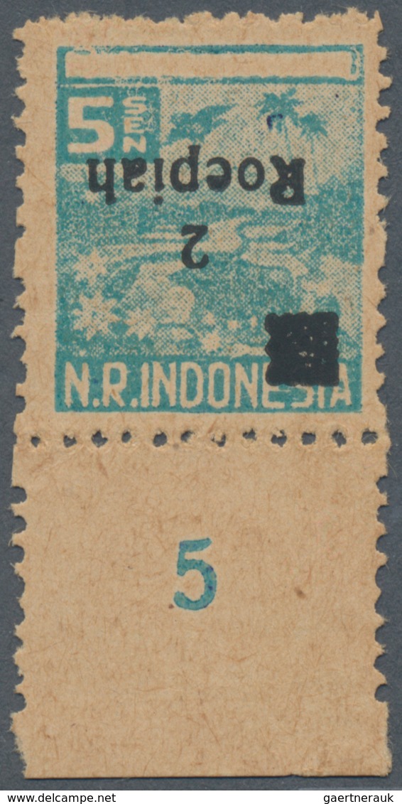 Indonesien - Vorläufer: Sumatra, 1947, 2 R. On 5 S. Turquoise, Surcharge Inverted, A Bottom Margin P - Indonesien