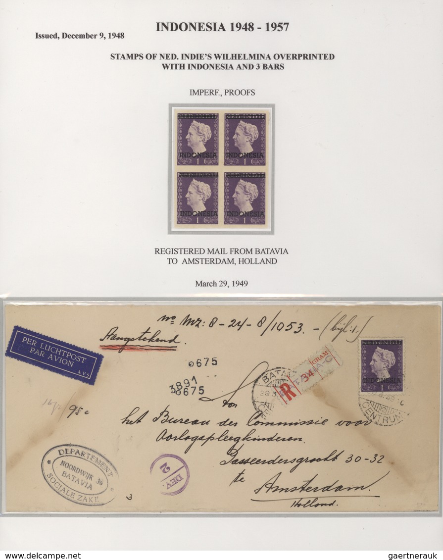 Indonesien: 1949, Wilhelmina Ovpt. 3 Bars, 1 Gld. Violet, An Mperf. Proof Block Of 4. Also Single Fr - Indonesien