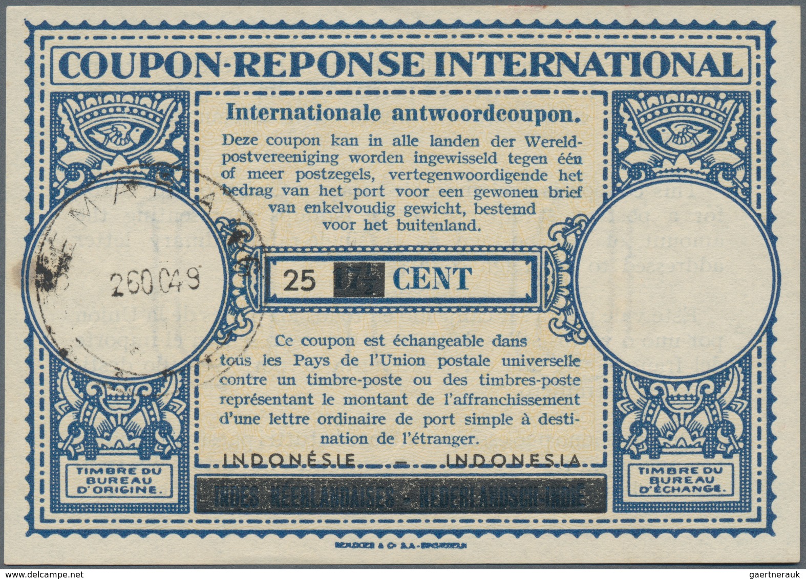 Indonesien: 1949, International Reply Coupon IRC, Surcharged 25 CENT On Old DEI Form Canc. "SEMARANG - Indonesië