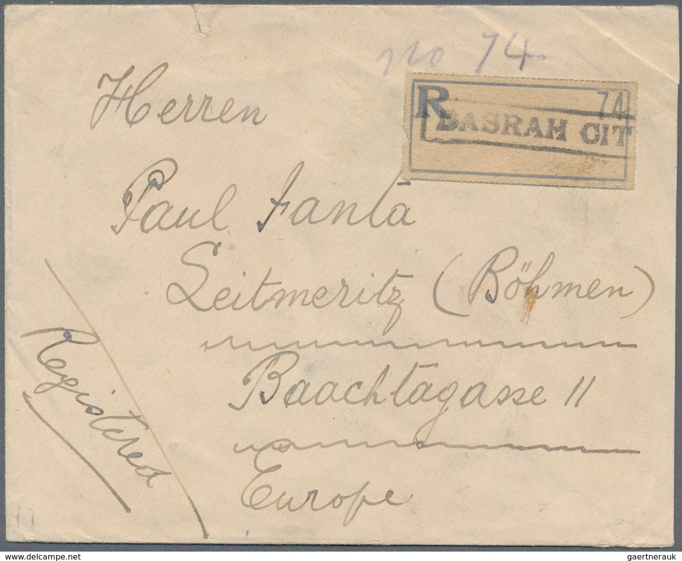 Irak: 1923 Registered Cover From Basrah To Leitmeritz, Bohemia (now Litomĕřice In Czech Republic), F - Irak