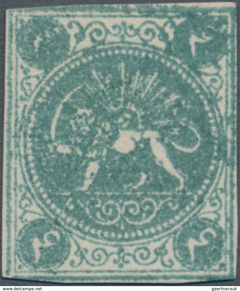 Iran: 1870, Baqeri Issue, 4ch. Bluish Green, Type II On Thick Wove Paper, Touched To Narrow Margins, - Iran