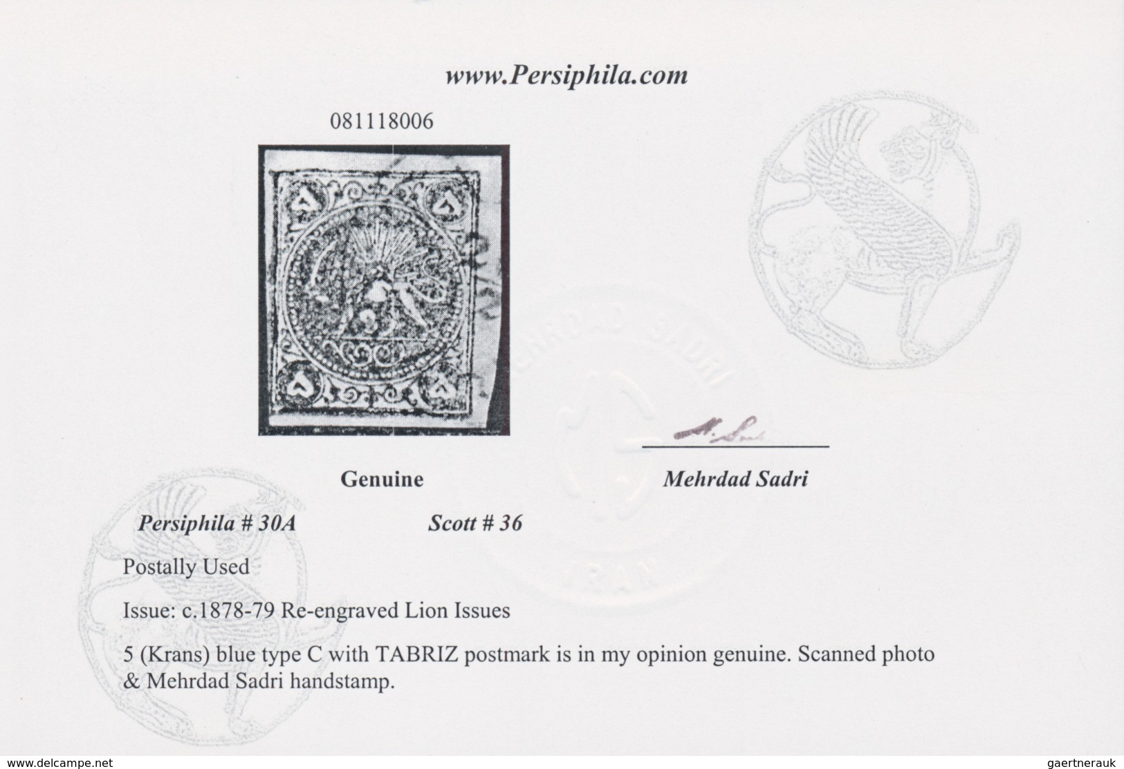 Iran: 1878, Lion Issue, 5kr. Violet, Type C, Some Imperfections, Postally Used "TABRIZ", Signed And - Iran