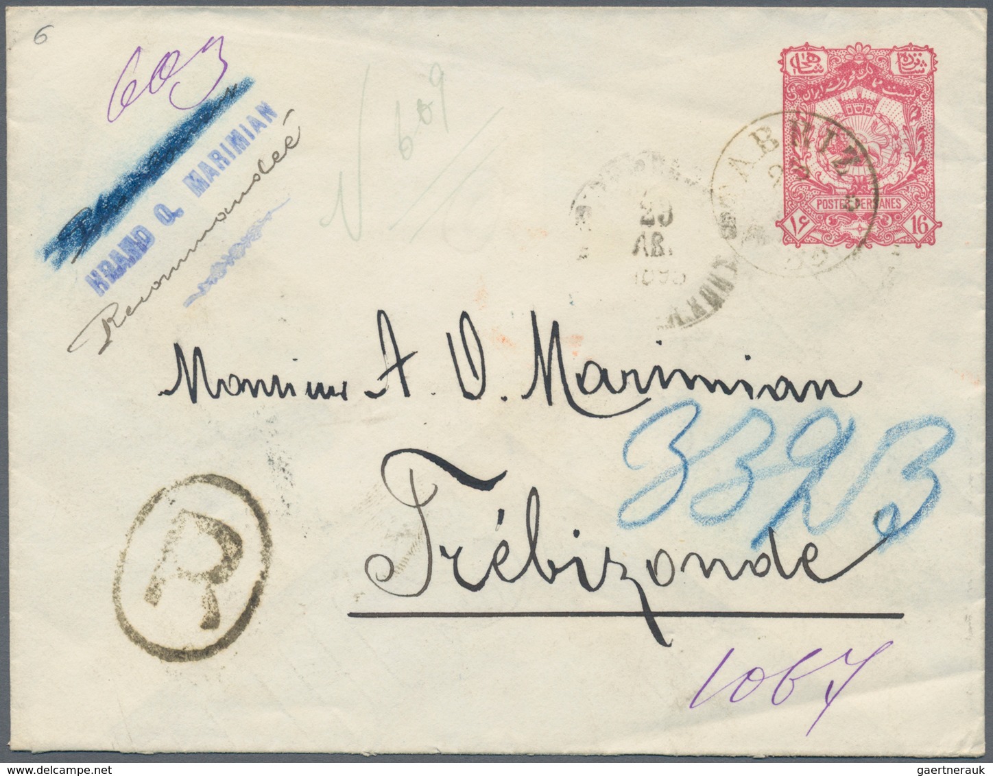 Iran: 1895, Envelope 16 Ch. Carmine Uprated On Reverse 1 Ch. Violet (block-4) Tied "TABRIZ AP 1895" - Iran