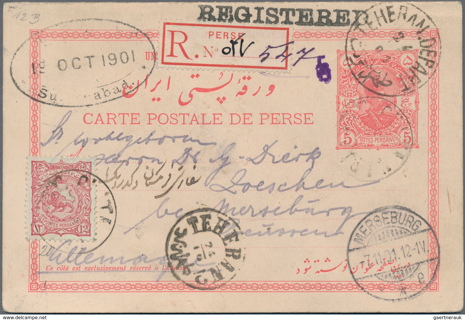 Iran: 1901, Stationery Card 5 Ch. Violet/5 Ch. Carmine, Double Card With Paid Reply Canc. In Transit - Iran