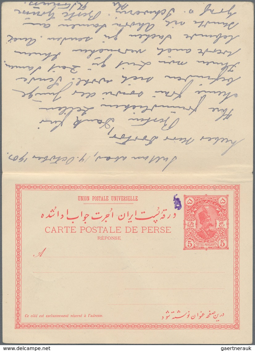 Iran: 1901, Stationery Card 5 Ch. Violet/5 Ch. Carmine, Double Card With Paid Reply Canc. In Transit - Iran