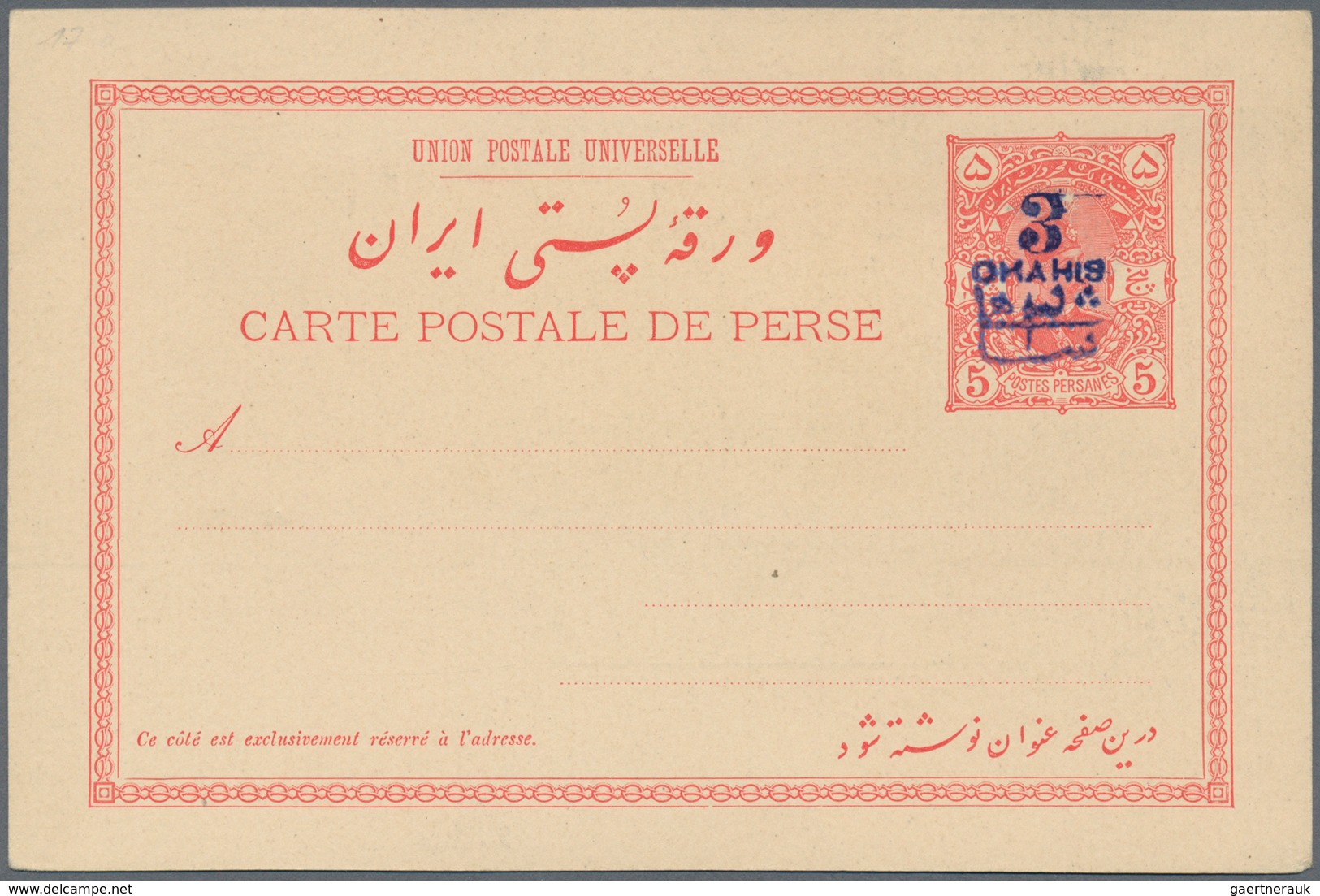 Iran: 1903, Pictorial Stat. Postcard 5ch. 'Shah Muzzafar-ad-Din' Surch. In Blue '3 Chahis' With Pict - Iran