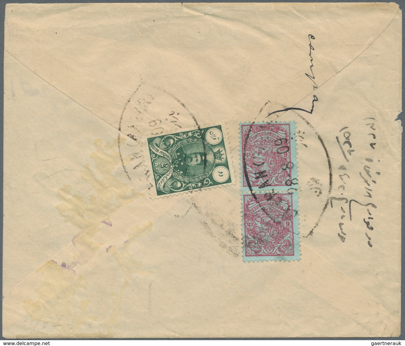 Iran: 1909, 6ch. Rose On Blue Vertical Pair And Single 2kr. Deep Green, On Reverse Of Cover From "TE - Iran