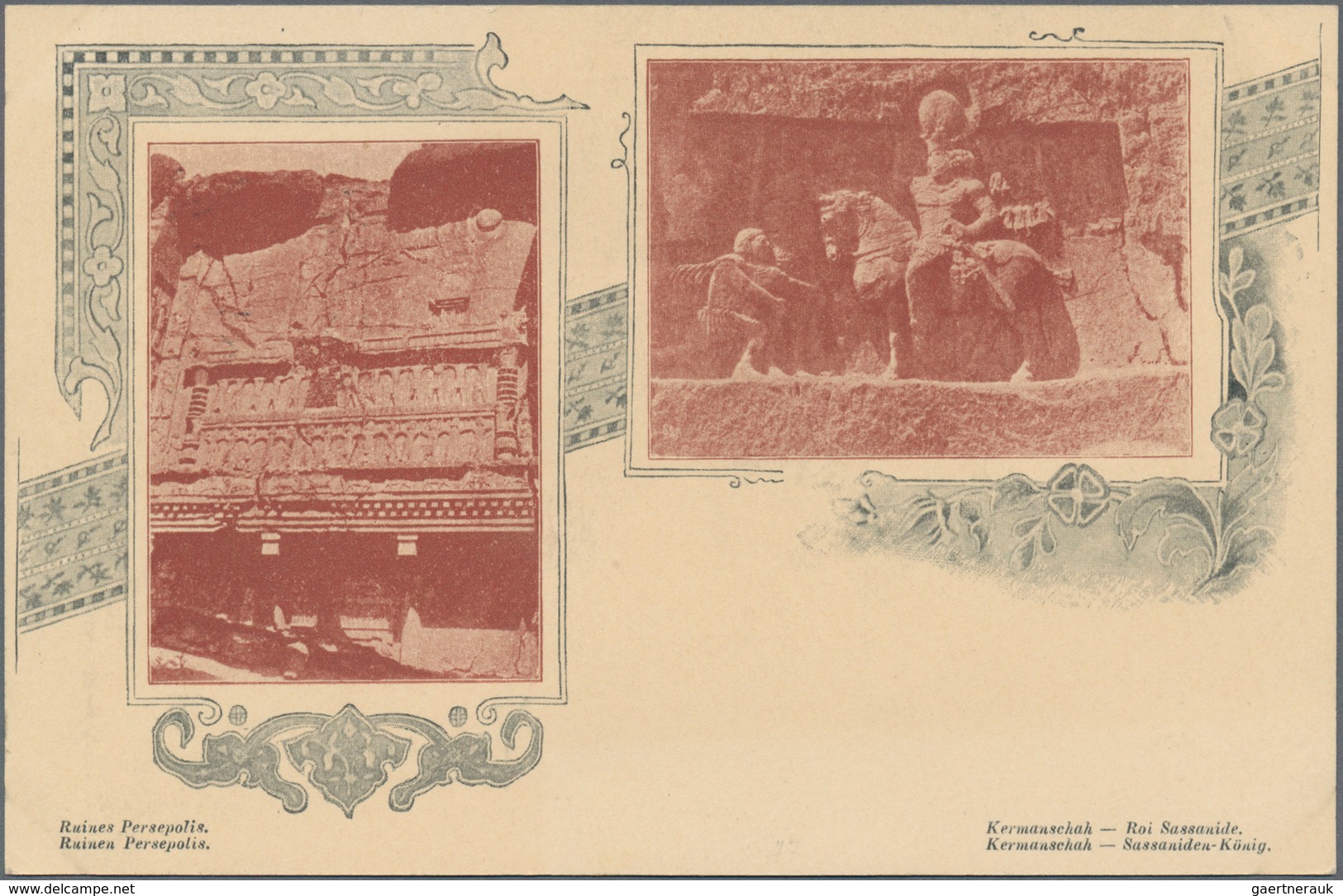 Iran: 1911, Pictorial Stat. Postcard 5ch. 'Shah Muzzafar-ad-Din' Surch. '2 Chahis' With Two Pictures - Iran