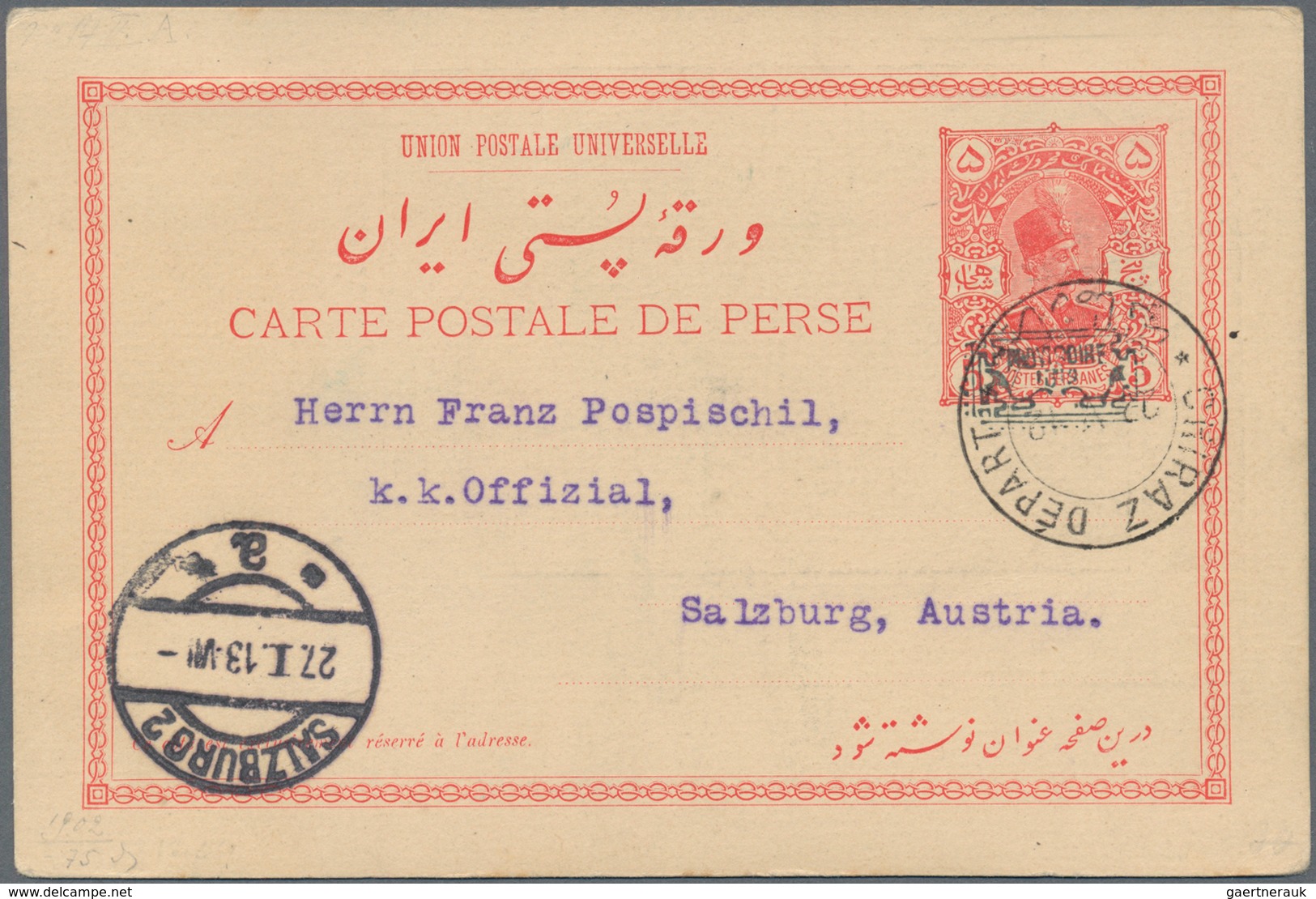 Iran: 1912 (22.5.), Pictorial Stat. Postcard 5ch. 'Shah Muzzafar-ad-Din' With Boxed Opt. 'PROVISOIRE - Iran