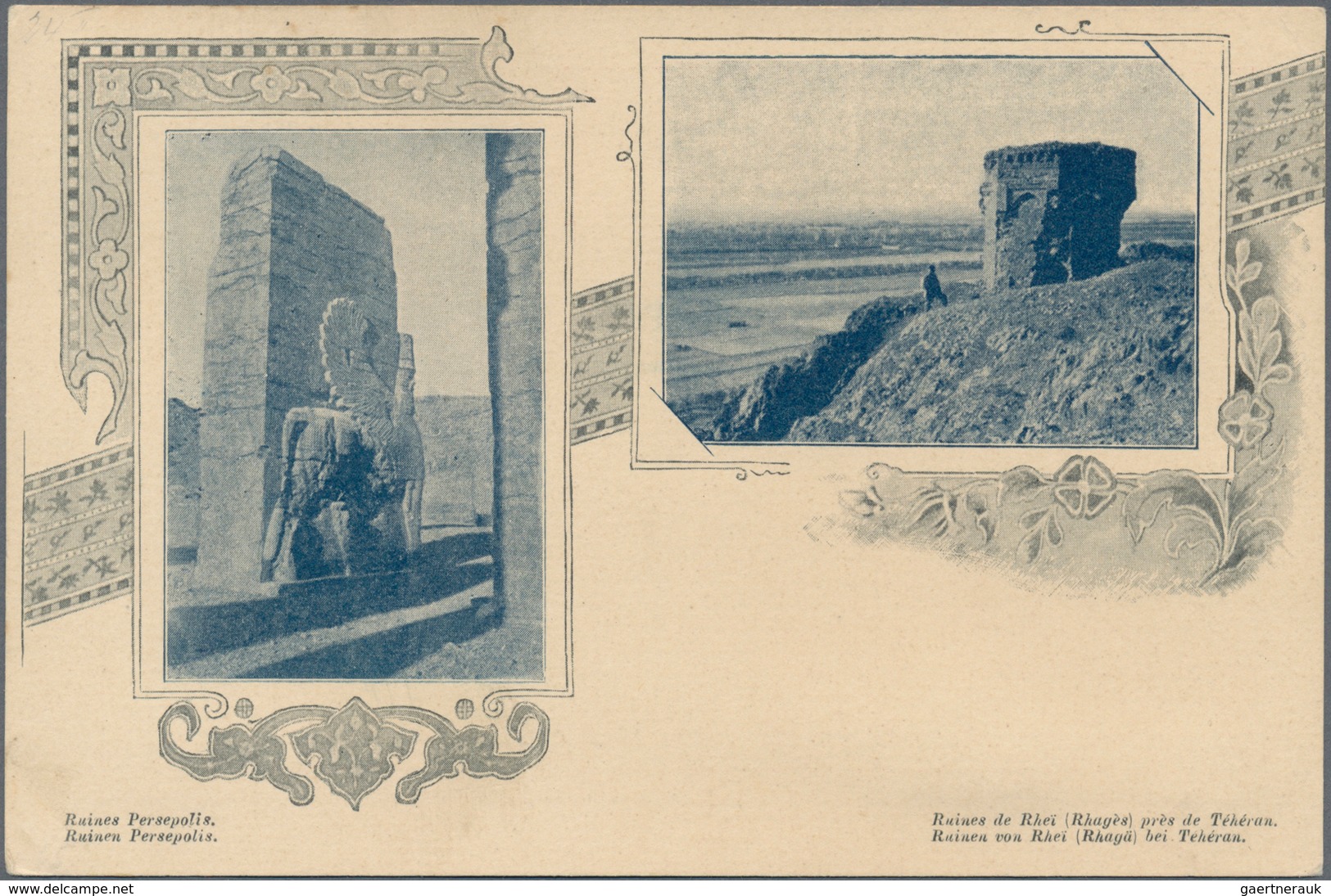 Iran: 1914, Pictorial Stat. Postcard 5ch. 'Shah Muzzafar-ad-Din' Surch. '5 Chahis' With Two Pictures - Iran