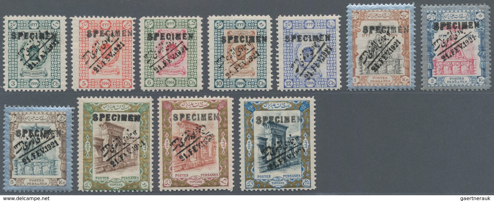 Iran: 1921, Coronation Issue, 3ch.-5t., Complete Set Of Eleven Values With Specimen Overprint, Fresh - Iran