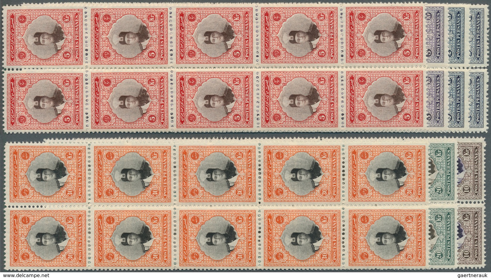 Iran: 1924, Ahmad Shah Kadchar Definitives Part Set Of Seven 1kr. Blue To 30kr. Orange/black In Bloc - Iran