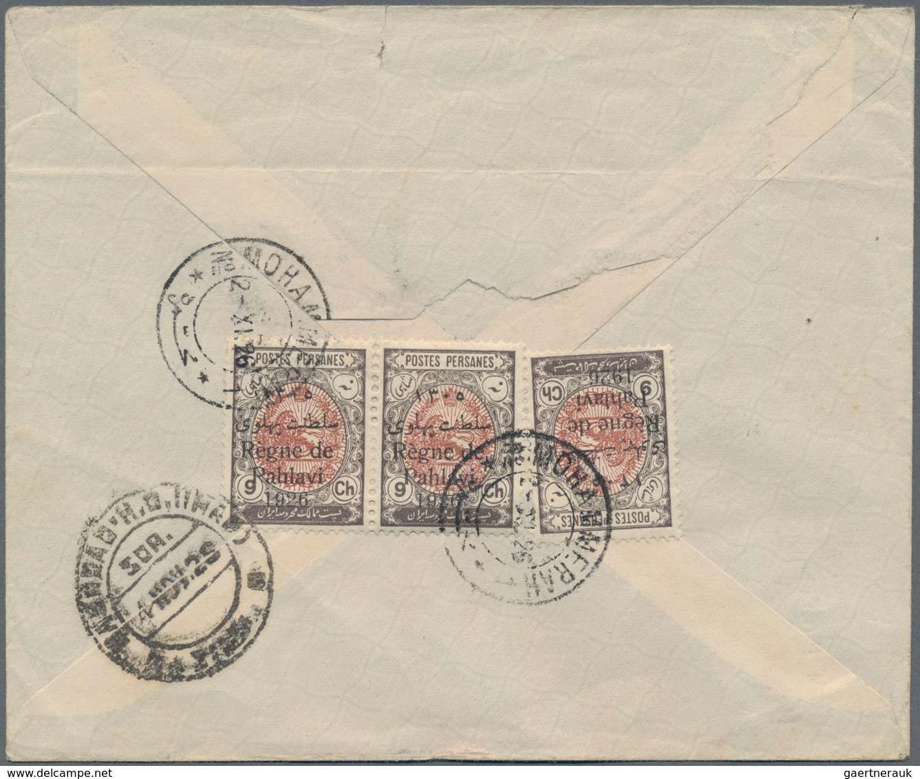 Iran: 1926, OVERLAND MAIL : 9 Ch. Redbrown Slate Pair And Single On Reverse Of Envelope Tied By "MOH - Iran