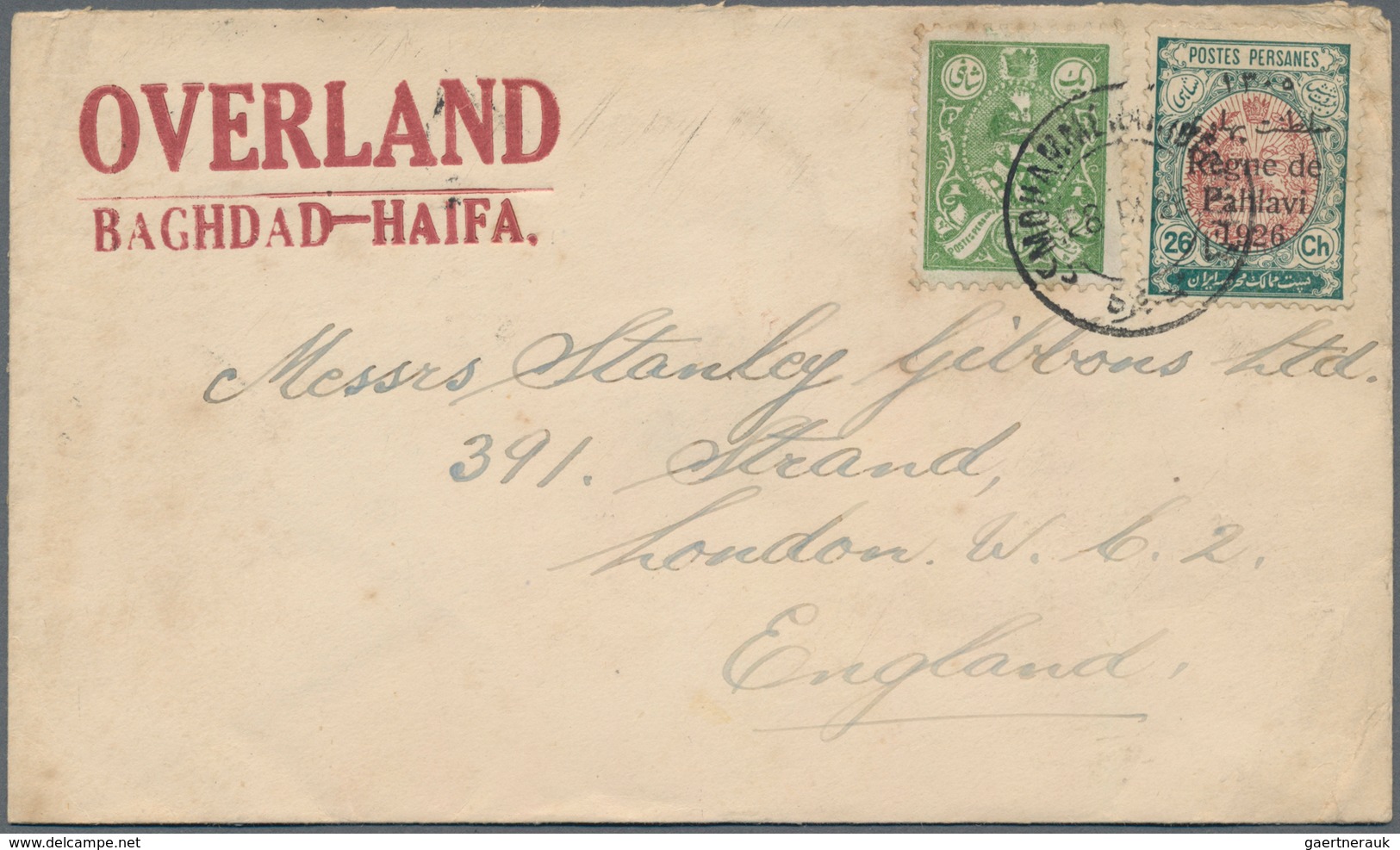 Iran: 1926, OVERLAND MAIL : 1 Ch. Green And 26 Ch. Violetbrown Green Together On Envelope Tied By "M - Iran